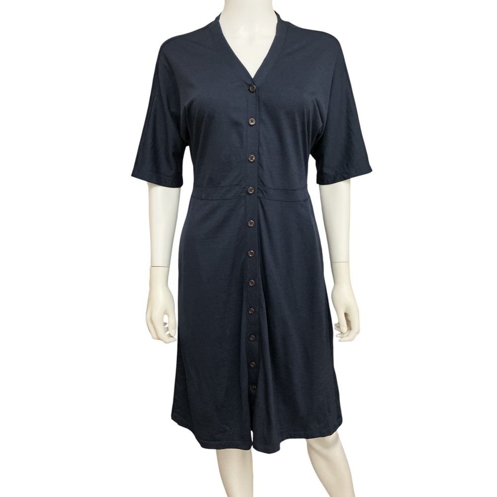 wool& Womens Merino Shirt Dress Size S V-Neck Pockets Button Front Midnight Blue